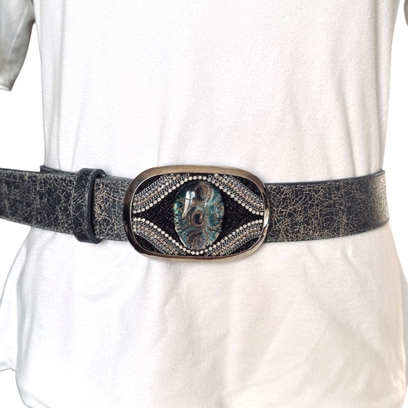 Leatherock Black Crackle Leather Belt Embellished Oval Buckle main image 7